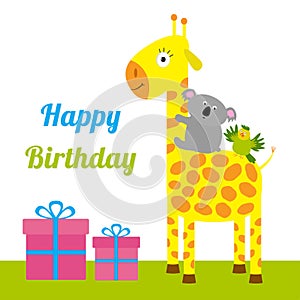 Happy Birthday card with cute giraffe, koala and parrot. Giftbox set Baby background Flat design