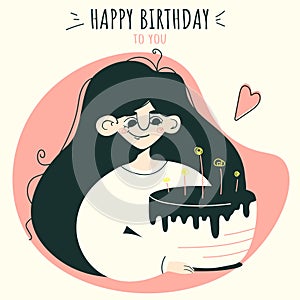 Happy Birthday card with cute girl,cake and candles. Vector flat illustration