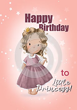 happy birthday card with cute princess, watercolor style illustration with cartoon character