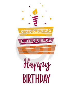 Happy birthday card with a cute simple cake and candle. Birthday cake vector illustration