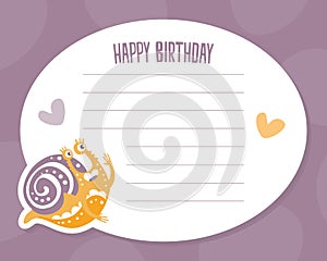 Happy Birthday Card with Cute Snail Character as Gastropod with Coiled Shell Vector Template