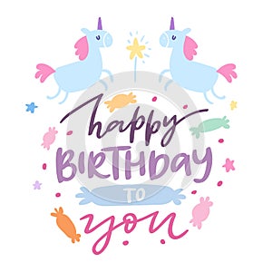 Happy birthday card with cute unicorns baby showel vector cartoon illustration. Fairytale fantasy template for birthdays