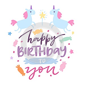 Happy birthday card with cute unicorns baby showel vector cartoon illustration. Fairytale fantasy template for birthdays photo