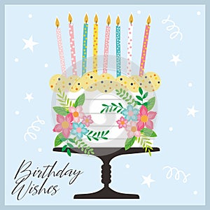 happy birthday card design with cake, candles and flowers