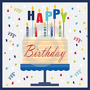 Happy birthday card design with cake and colorful candles