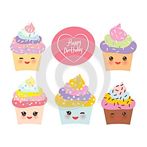 Happy Birthday Card design with Cupcake Kawaii funny muzzle with pink cheeks and winking eyes, pastel colors on white background.