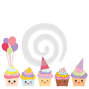 Happy Birthday Card design with Cupcake Kawaii funny muzzle with pink cheeks and winking eyes, pastel colors on white background.