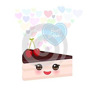 Happy birthday Card design cute kawaii piece of cake, decorated with fresh cherry, pink cream and chocolate icing, pastel colors o