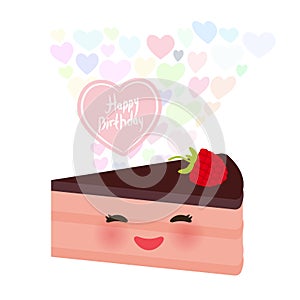 Happy birthday Card design cute kawaii piece of cake, decorated with fresh raspberries, pink cream and chocolate icing, pastel col