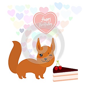 Happy birthday Card design cute kawaii squirrel with Sweet cake decorated with fresh cherry, pink cream and chocolate icing, paste