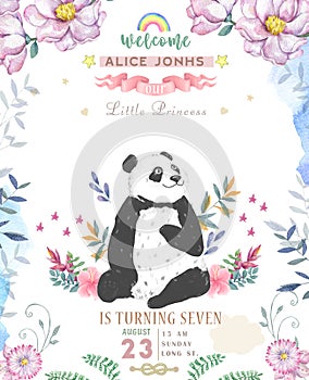 Happy Birthday card design with cute panda bear and boho flowers and floral bouquets illustration. Watercolor clip art for