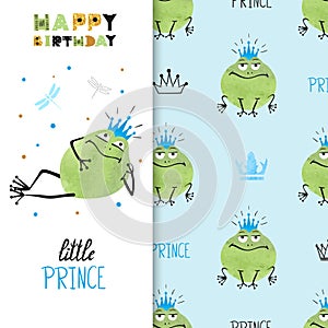 Happy Birthday card design with cute Prince Frog.