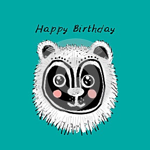 Happy Birthday card design funny bear dog cat face, Black white colors on blue background. simple sketch, Can be used for greeting