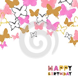 Happy Birthday card design with watercolor pink and glittering golden butterflies.