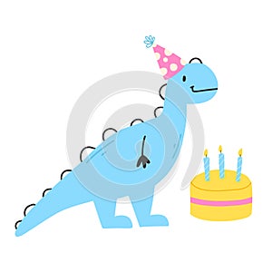 Happy birthday card with dinosaur. Cute illustration with dino and cake.