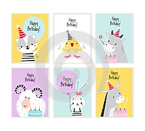 Happy Birthday Card with Farm Animal as Holiday Greeting and Congratulation Vector Set
