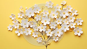 Flat lay greeting card with beautiful little white flowers on bright yellow paper background