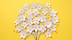 Happy Birthday Card Flat lay greeting card with beautiful little white flowers on bright yellow paper background