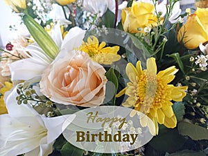 Happy Birthday card with flowers bouquet background. Birthday cards with text on floral backgrounds