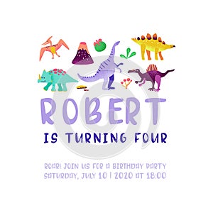 Happy Birthday card with fun dinosaur, Dino arrival announcement, greetings illustration