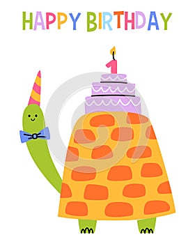 Happy birthday card with fun turtle. Cute animal with cake. Children greeting card for print.