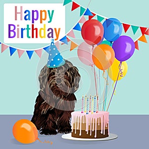 Happy birthday card with funny dog, cake, colorful balloons. Vector illustration