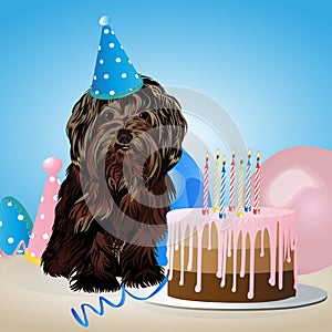 Happy birthday card with funny dog, cake, colorful balloons. Vector illustration