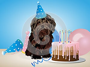 Happy birthday card with funny dog, cake, colorful balloons. Vector illustration
