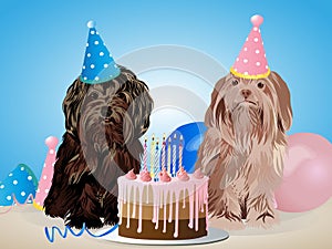 Happy birthday card with funny dog, cake, colorful balloons. Vector illustration