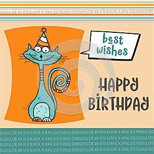 Happy birthday card with funny doodle cat
