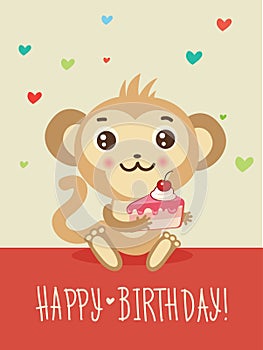 Happy Birthday Card With Funny Monkey And Cake In His Hands. Cute Cartoon Animal Vector. Funky Monkey.