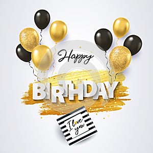 Happy Birthday card with gift box, black and gold balloons, confetti and texture of golden brush strokes on a white background