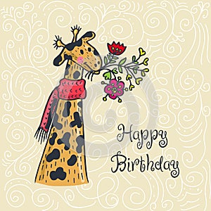 Happy birthday card with giraffe character and flowers.