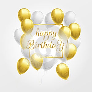 Happy birthday card with gold and white balloons