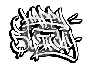 Happy birthday card in graffiti style. Black line isolated on white