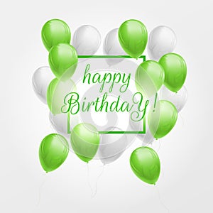 Happy birthday card with green and white balloons