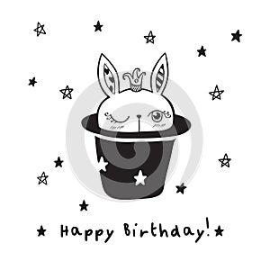Happy birthday card. Hand drawn cute rabbit in a hat with stars.