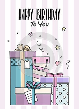 Happy Birthday card with hand drawn doodle gift boxes. Lots of presents in flat style. Vector.