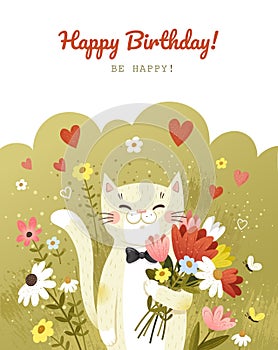 Happy Birthday Card with happy cat and flowers.