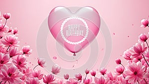 Happy birthday card with hear shaped balloon and pink flowers