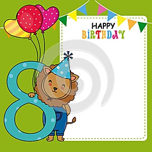 Happy birthday card. Lion with balloons and the number eight