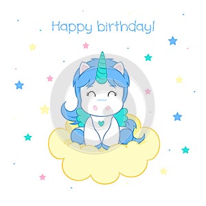 Happy birthday card - Little blue unicorn and stars - Nursery print