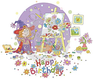 Happy birthday card with a little fairy drawing flowers