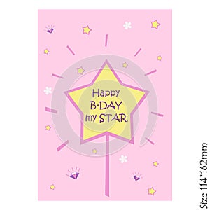 Happy birthday card for little star on a pink background.