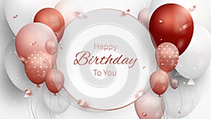 Happy birthday card with luxury red balloons and ribbon. 3d realistic style on white background.