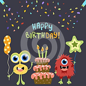 Happy Birthday card. Monster party. Monsters with cake. Flat, cartoon, vector