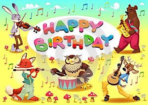 Happy Birthday card with musician animals