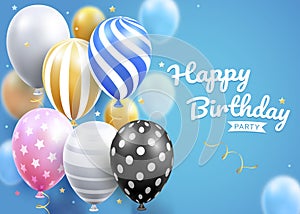 Happy birthday card party with balloons set vector illustration