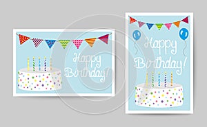 Happy Birthday card with party elements, cake and candles