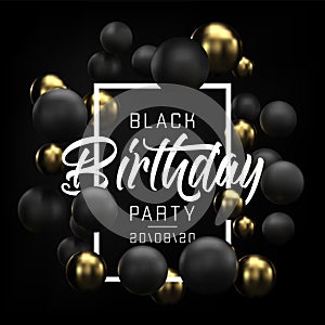 Happy Birthday card, party flyer or banner design with black and gold balloons. Invitation with golden and black 3d